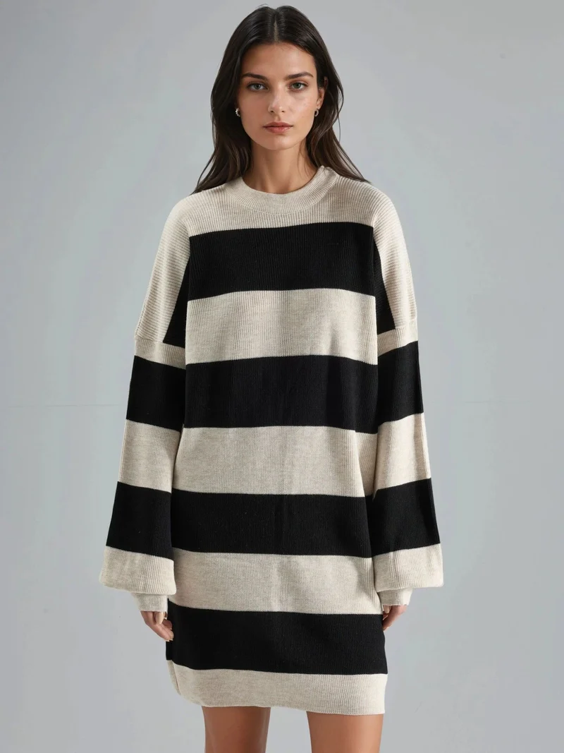 MY FASHION Natural MY FASHION Striped Mini Dress with Crew Neck for Women | Best Price UAE